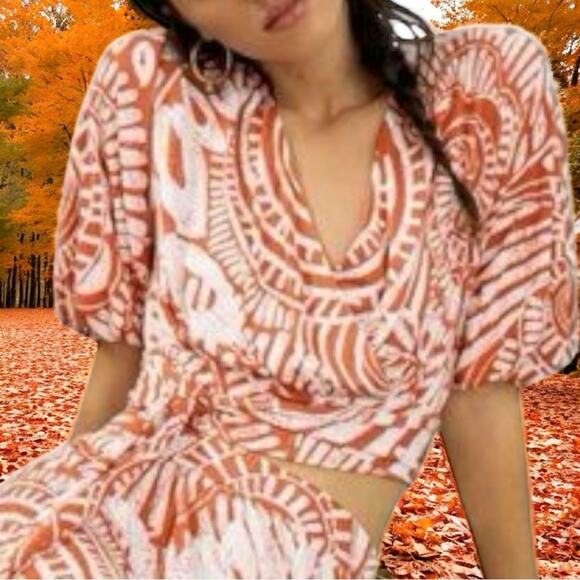 Bodhi Blouse by Anthropologie Orange white  Tropical Wrap Top Size small - Picture 6 of 7